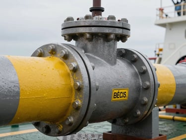 Close-up of a massive subsea pipeline connector on a vessel deck, heavy steel bolts, yellow marine paint, technical stenciling, overcast natural light.