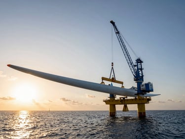 Wide angle shot of a massive offshore wind turbine blade being lifted into place by a blue crane on a jack-up vessel, dramatic golden hour light reflecting off the ocean, low horizon.