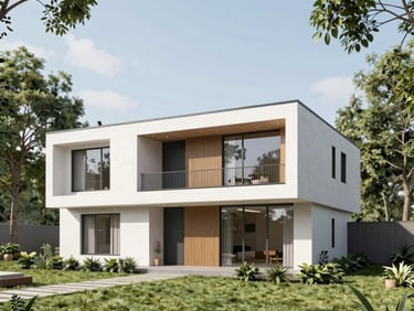 Modern two-story minimalist house with white facade, wood accents, and a lush green lawn.