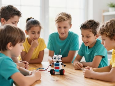 A group of diverse children excited around a small DIY robot on a wooden table, colorful wires, bright natural light, shallow depth of field, 35mm lens