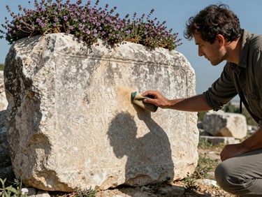An archaeologist brushing dust off an ancient limestone inscription, overgrown with wild thyme, bright Anatolian sun casting sharp shadows.