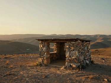 Wide panoramic view of Anatolian highlands at golden hour, a single stone shepherd shelter, dusty low light