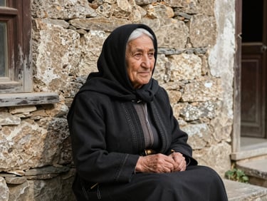 Anadolu yaylasında, taş duvarlı bir kulübenin önünde, elinde ahşap asasıyla duran yaşlı bir çoban, yüzünde derin kırışıklıklar, doğal gün ışığı.