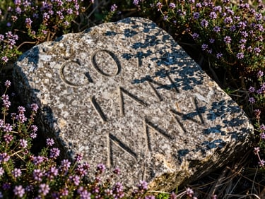 Weathered ancient stone inscription half-buried in wild thyme, harsh midday sun casting deep shadows, macro shot