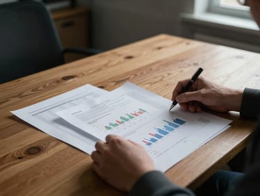 Moody editorial photography, overcast natural daylight, hands analyzing physical printouts of search performance data on a heavy oak desk in a Lancashire office, sharp focus, 35mm
