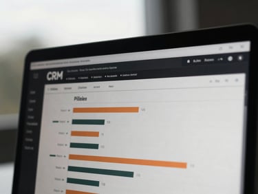 Moody editorial photography, overcast natural daylight, a sharp close-up screenshot of a real CRM analytics dashboard showing pipeline growth, high contrast, 35mm