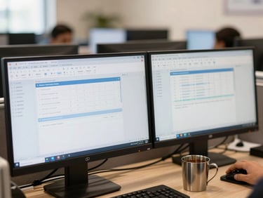 Close-up realistic photo of a busy Indian wholesale distributor office, dual monitors displaying ERP software with clean tables, a steel tea cup on the desk