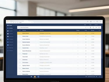 Straight-on software UI mockup showing a clean, high-contrast dashboard with structured order tables, blue and marigold highlights, sharp focus, tech-indigo base.