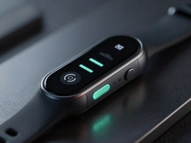 Macro close-up of high-end wearable fitness technology on a dark metallic surface, subtle cool-toned neon glows, cinematic depth of field.