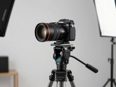 Crisp commercial photography of a high-end camera rig on a tripod in a professional studio setup, clean lighting, electric blue accents, sharp focus, 35mm