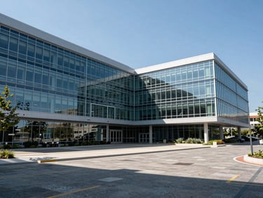 Wide-angle architectural perspective of a modern glass-and-steel tech campus in Austin, cool bright natural daylight, sharp high-contrast shadows, crisp blue and slate tones, 35mm.