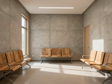 Symmetrical empty interior of a premium medical waiting room, warm natural light, minimalist oak furniture, concrete walls, serene atmosphere.