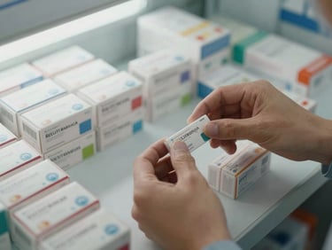 Close-up overhead view of hands sorting and stacking medicine cartons on a warehouse shelf, daylight from a nearby window, organized rows of pharmaceutical boxes in the background