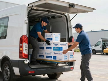 Medium shot of a delivery van backed up to a loading dock with medicine cartons being unloaded by workers, natural daylight, functional industrial setting