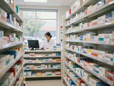 Interior of a freshly stocked pharmacy shop with organized shelving units filled with medicine boxes, natural window light, pharmacist owner visible at work in the background