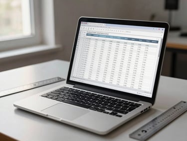 Wide shot of an open laptop showing a spreadsheet with columns of numerical data, natural window light from the left, a ruler and engineering scale placed beside the device on a plain desk