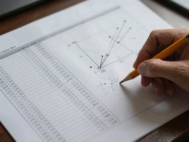 Overhead shot of printed data tables and hand-drawn chart sketches on a work surface, diffuse studio light, a technical pencil resting on the page, no faces