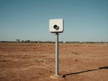 Wide environmental shot of a site monitoring instrument mounted on a post in an open field, dry laterite earth visible, natural daylight, no people, horizon low in frame