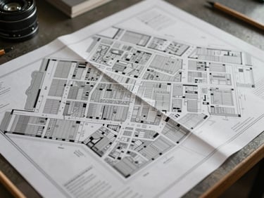 Overhead plan-view of a printed site map spread on a work table, pencil annotations visible, natural side light, no text legible