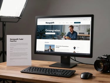 Wide desk shot showing a monitor with a nonprofit organization homepage open, printed content brief beside the keyboard, diffuse studio light from above, no people in frame
