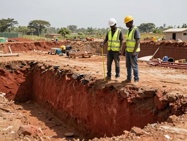Wide environmental shot of two engineers in work gear standing at the edge of a foundation trench on a Ghanaian site, measuring tape extended, red earth walls of the excavation visible below, midday sun overhead, no posed expressions
