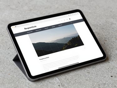 Close detail of a responsive web layout displayed on a tablet propped on a concrete surface, diffuse daylight, no faces, structural grid lines faintly visible on screen