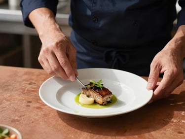 Hands of a chef plating a beautiful dish in a professional kitchen, warm natural light, 35mm lens