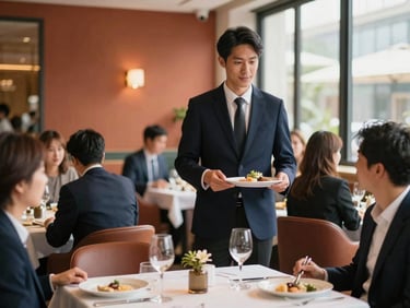 Warm editorial photography of a busy high-end restaurant dining room, waiters serving guests, soft daylight, 35mm lens