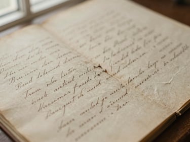 Close-up of a faded 19th-century handwritten document with bleeding ink on yellowed, fragile paper, soft directional light, 35mm