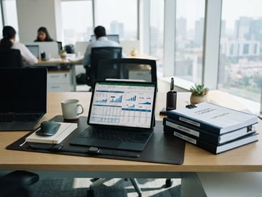 An organized modern corporate office desk in Bengaluru, a digital tablet displaying financial spreadsheets next to neatly stacked legal documents, bright morning daylight, 35mm