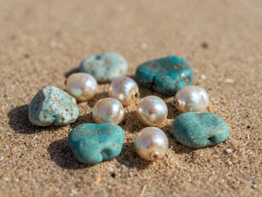 A collection of raw, iridescent Sea of Cortez pearls and rough turquoise stones nestled in dry sand, warm coastal daylight, elegant macro shot.