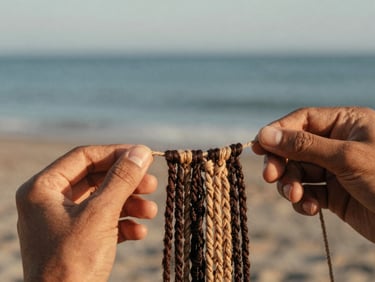 Intricate knots of dark brown and sand-colored micromacramé threads being pulled tight by artisan hands, soft side lighting highlighting fiber textures.
