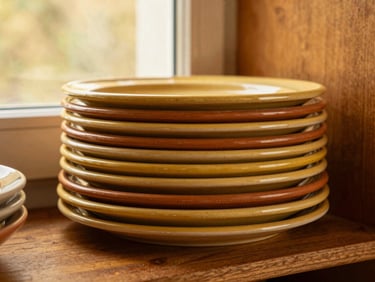 A stack of thick-rimmed terracotta and butter-yellow ceramic plates on an open wooden shelf, warm golden-hour window light, close-up, 35mm