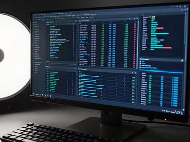 Overhead tight close-up of an AI agent dashboard on a dark monitor, algorithm output tables and odds matrices visible on screen, cool blue data visualizations glowing against near-black UI, a mechanical keyboard at bottom edge, studio strobe lighting from the left casting sharp contrast