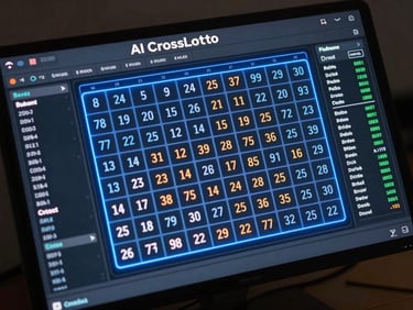 Overhead screenshot of AI CrossLotto game interface on a dark display, numbered draw grid illuminated with electric blue highlights, backend odds calculation columns visible in a side panel, cool studio lighting, no players or hands visible