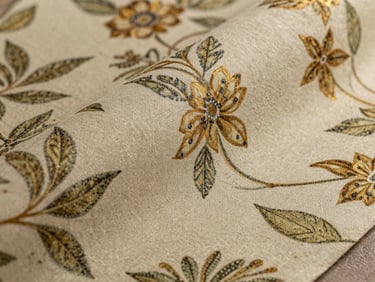 Close-up detail of a fabric-backed wallpaper sample, visible woven textile backing under a printed surface, warm tungsten light showing material depth and layered structure