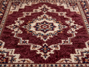 Close-up of a hand-knotted oriental carpet pattern — intricate medallion motif in deep burgundy and ivory wool pile, shot under warm tungsten light that reveals pile depth and knot density, tight framing
