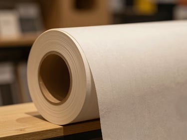 Close-up of a vinyl wallpaper roll edge on a showroom shelf, smooth matte surface catching warm tungsten light, texture detail visible at the cut edge