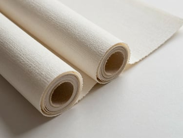 Flat-lay of a non-woven wallpaper sheet partially unrolled on a light surface, fibrous texture visible at the torn edge, soft north-facing daylight