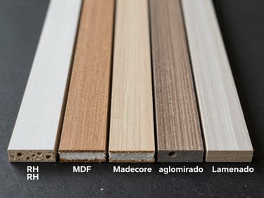 Cross-section close-up of five different panel materials—melamina RH, MDF, Madecore, aglomerado, laminado—cut cleanly and arranged side by side on a matte black industrial surface, controlled diffused studio lighting showing pristine exit cut edges without chipping or fiber tear-out