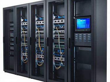 Structured cabling inside an open server rack showing organized patch cables color-coded by circuit, cable management arms visible, daylight from an adjacent window, no people