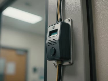 Close-up of an access control card reader mounted flush on a steel door frame in a commercial corridor, wiring neatly dressed behind the reader, fluorescent overhead light, no people