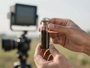 Close-up of hands holding a glass vial of dark soil against a bright outdoor background, field equipment visible out of focus behind, north-facing natural light, warm tones