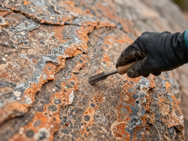 Overhead of a weathered rock surface with mineral banding, a gloved hand steadying a small chisel, natural daylight, warm ochre and grey tones, shallow depth of field