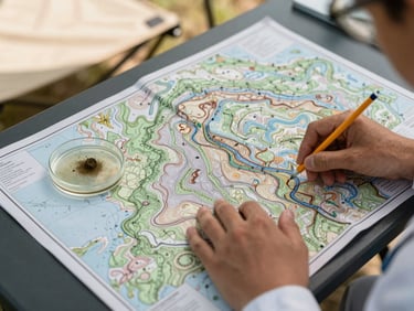 Close overhead view of a researcher's hands tracing a topographic map spread across a field table, a petri dish with mineral sediment sample placed alongside, warm north-facing daylight from a canvas shelter, pencil annotations visible at the map edges