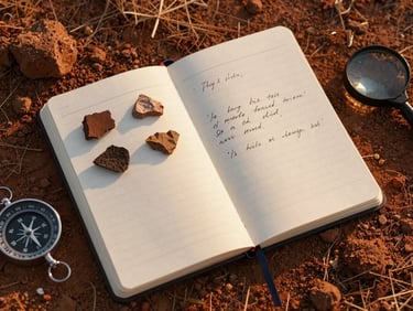 Overhead study of an open field notebook resting on dry reddish soil, geological sample chips arranged beside handwritten notes, late afternoon golden-hour light raking across the page texture, a compass and hand lens visible at the edge