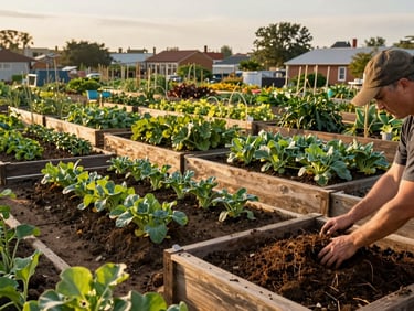 Wide panoramic view of a community urban garden at golden hour, raised beds and growing plants stretching across the frame, a volunteer's hands turning compost in the foreground, warm low light across the soil