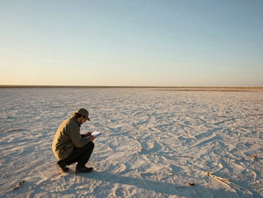 Wide environmental shot of a dry lakebed at golden hour, the flat pale surface extending to a low horizon, a field researcher crouching at the frame's left third with a notebook, expansive sky above