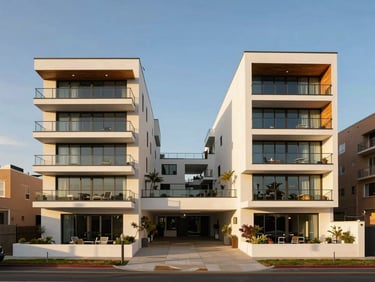 Wide-angle architectural photo of a modern coastal triplex in Manhattan Beach, bright daylight, clean geometric lines
