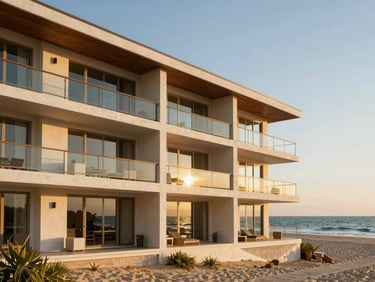 Architectural facade of a modern beach-side triplex, crisp daylight, ocean-facing balconies